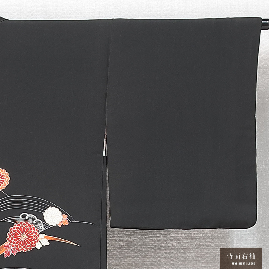 黒羽織 袷 身丈79cm 裄丈64cm 正絹 Sランク Mサイズ インフォーマル 紐あり 絵羽羽織 菊 黒系 1217-14758