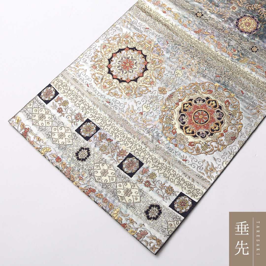 袋帯 帯丈436cm 正絹 六通 横取草華文 フォーマル 宝相華 銀系 1243-01619