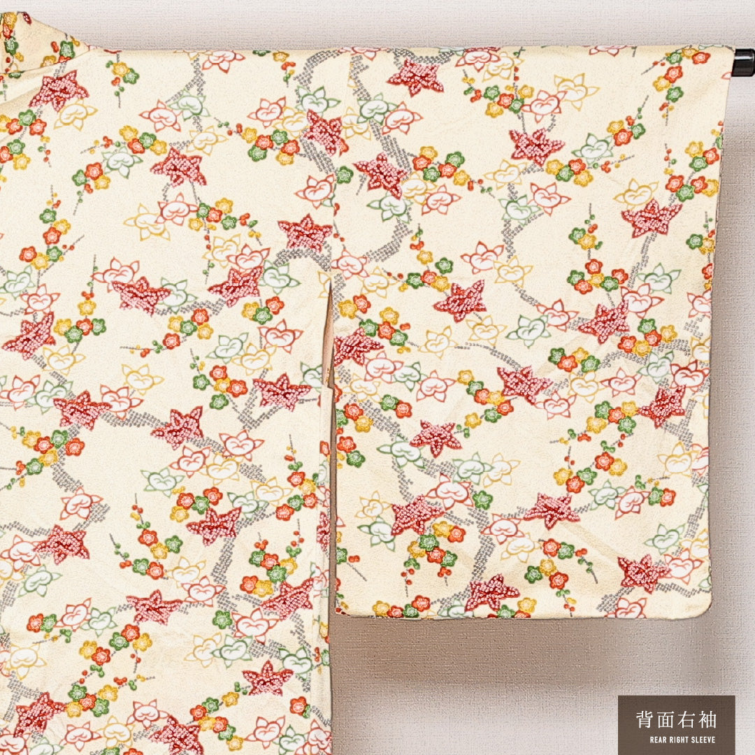 未使用品 羽織 袷 身丈83cm 裄丈64cm 正絹 Sランク カジュアル Mサイズ 紐あり しつけ糸 梅 紅葉 橘 クリーム系 RP 1232-13818