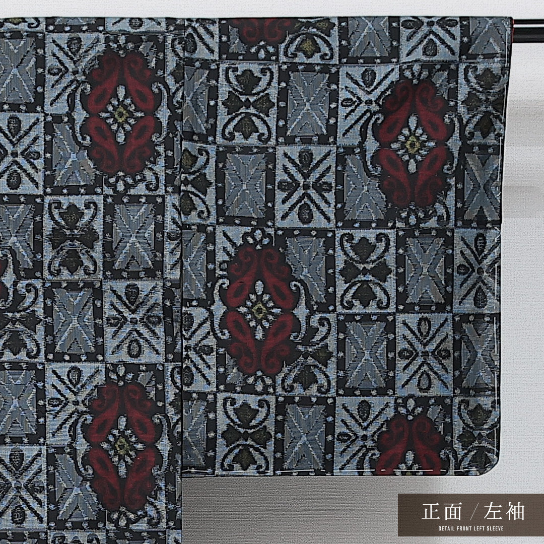 洗える着物 紬 袷 身丈155cm 裄丈63cm ポリエステル Sランク カジュアル バチ衿 Mサイズ アラベスク文様 紺系 RP 1223-14431