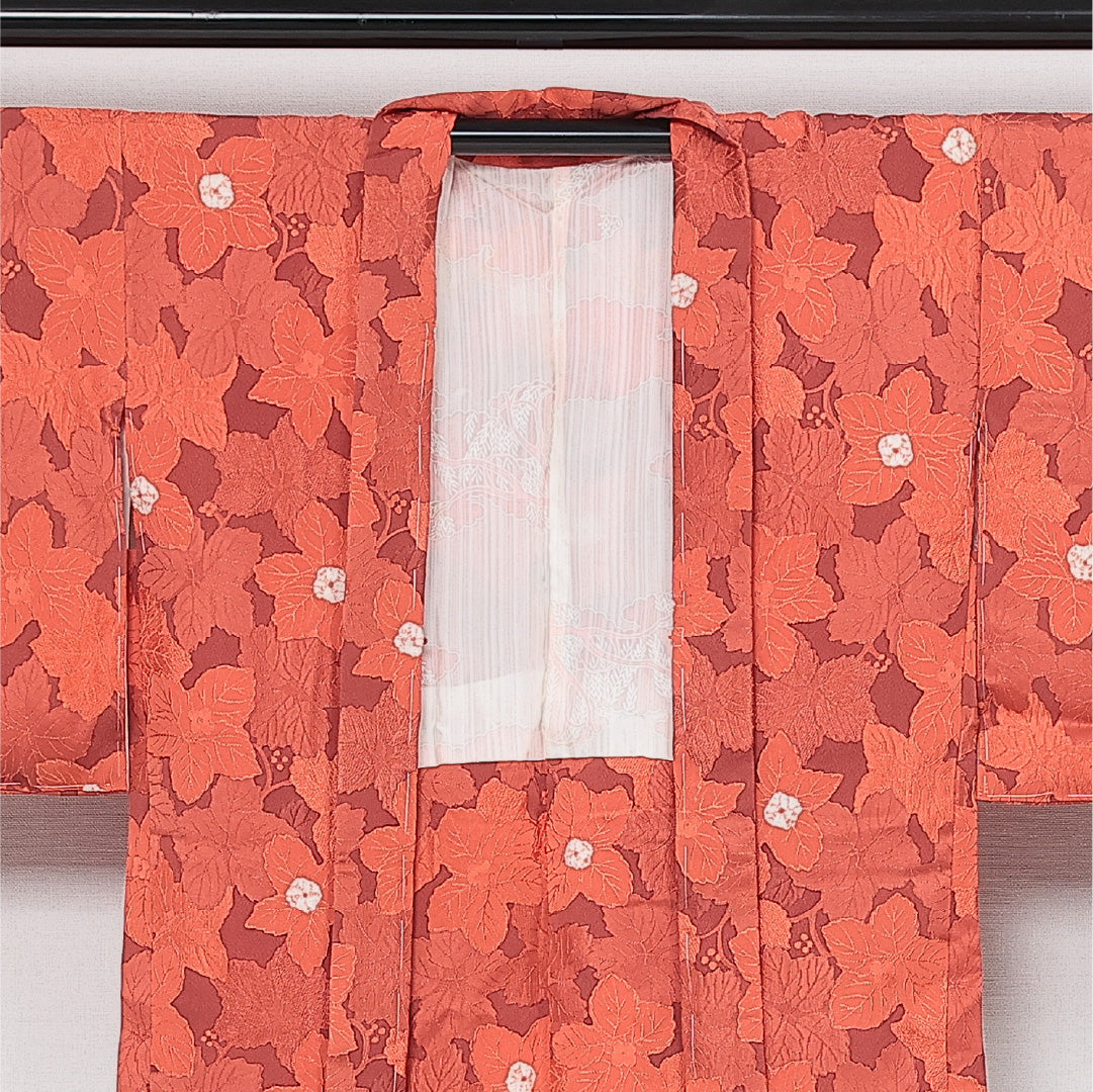 未使用品 洗える着物 羽織 袷 身丈80cm 裄丈66cm ポリエステル Nランク 紋意匠 (牡丹) カジュアル Mサイズ しつけ糸 朱系 RP 1232-13768