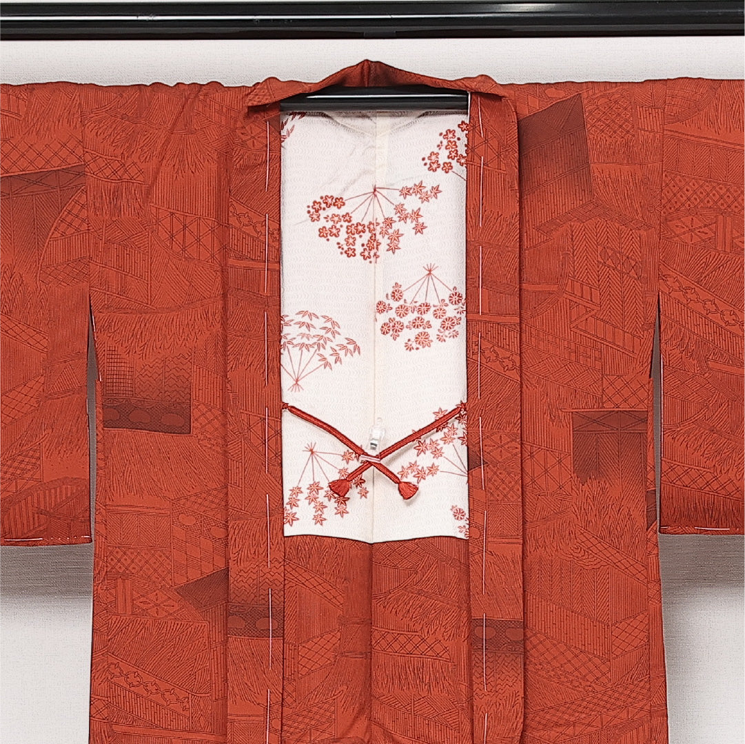 未使用品 羽織 袷 身丈81cm 裄丈64cm 正絹 Nランク カジュアル Mサイズ 紐あり しつけ糸 垣根 赤系 RP 1232-13753