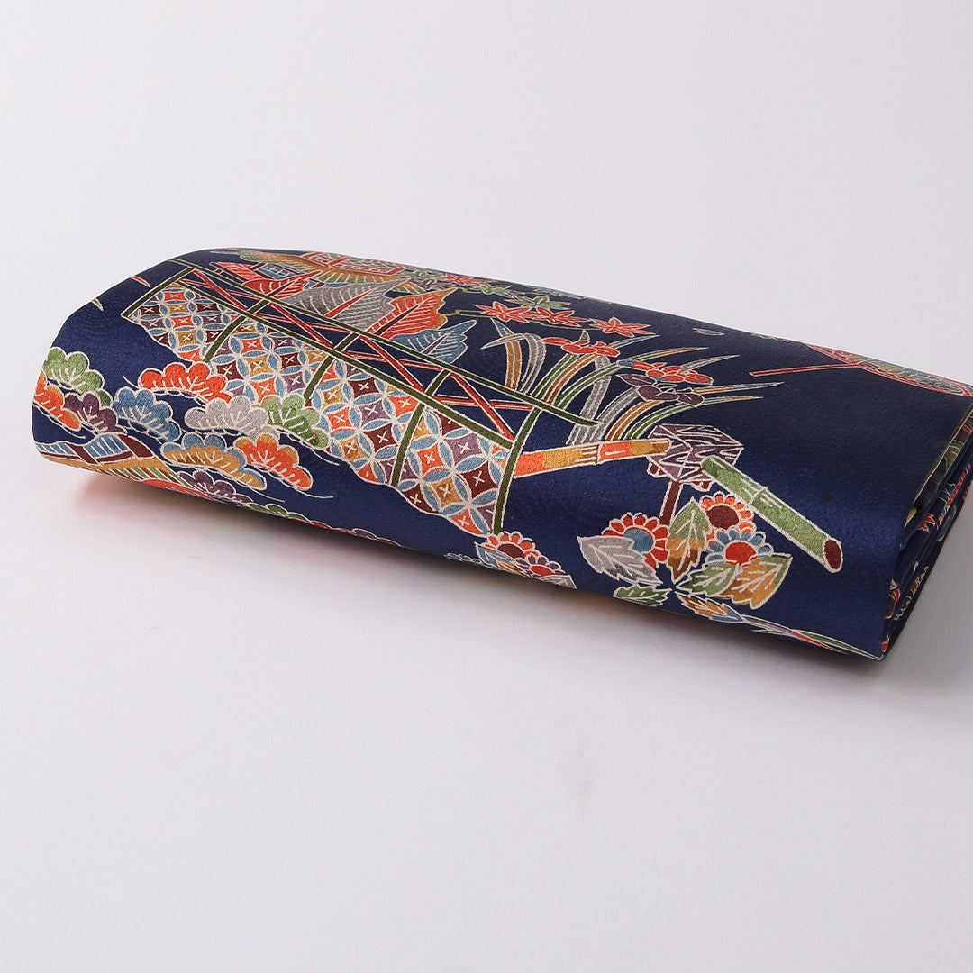 未使用品 草履・バッグセット Aランク カジュアル 杜若 楼閣 正絹 和装小物 紺系 1241-00985
