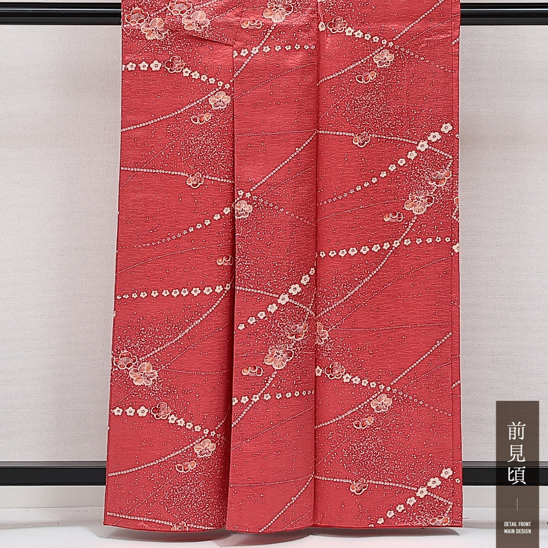 小紋 袷 身丈159cm 裄丈63cm 正絹 Sランク 紋意匠 (芝草) インフォーマル 広衿 Mサイズ 梅 赤系 RP 1221-14349
