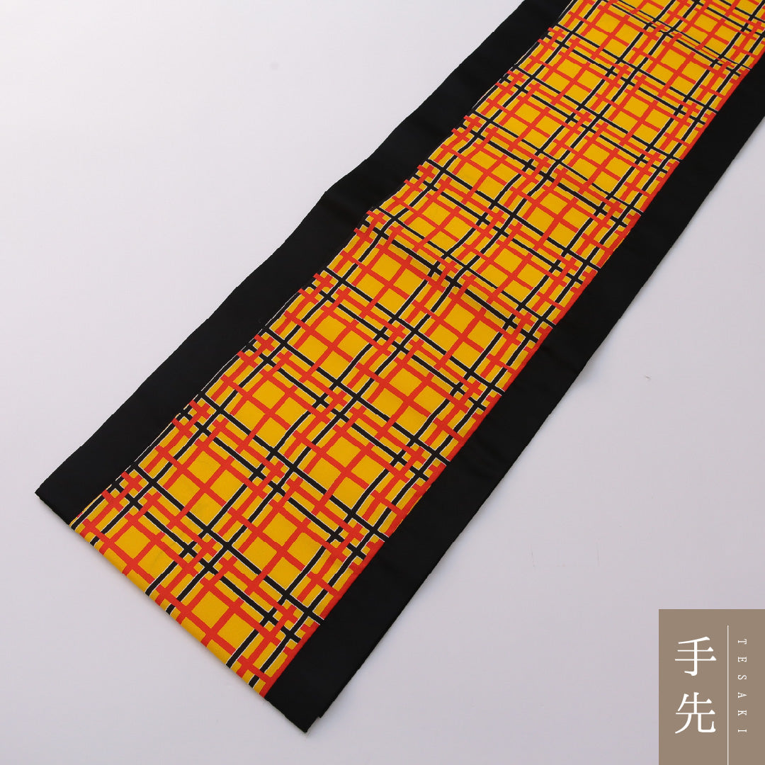袋帯 帯丈424cm ポリエステル 全通 染め帯 カジュアル 格子 黄系 黒系 1243-01929