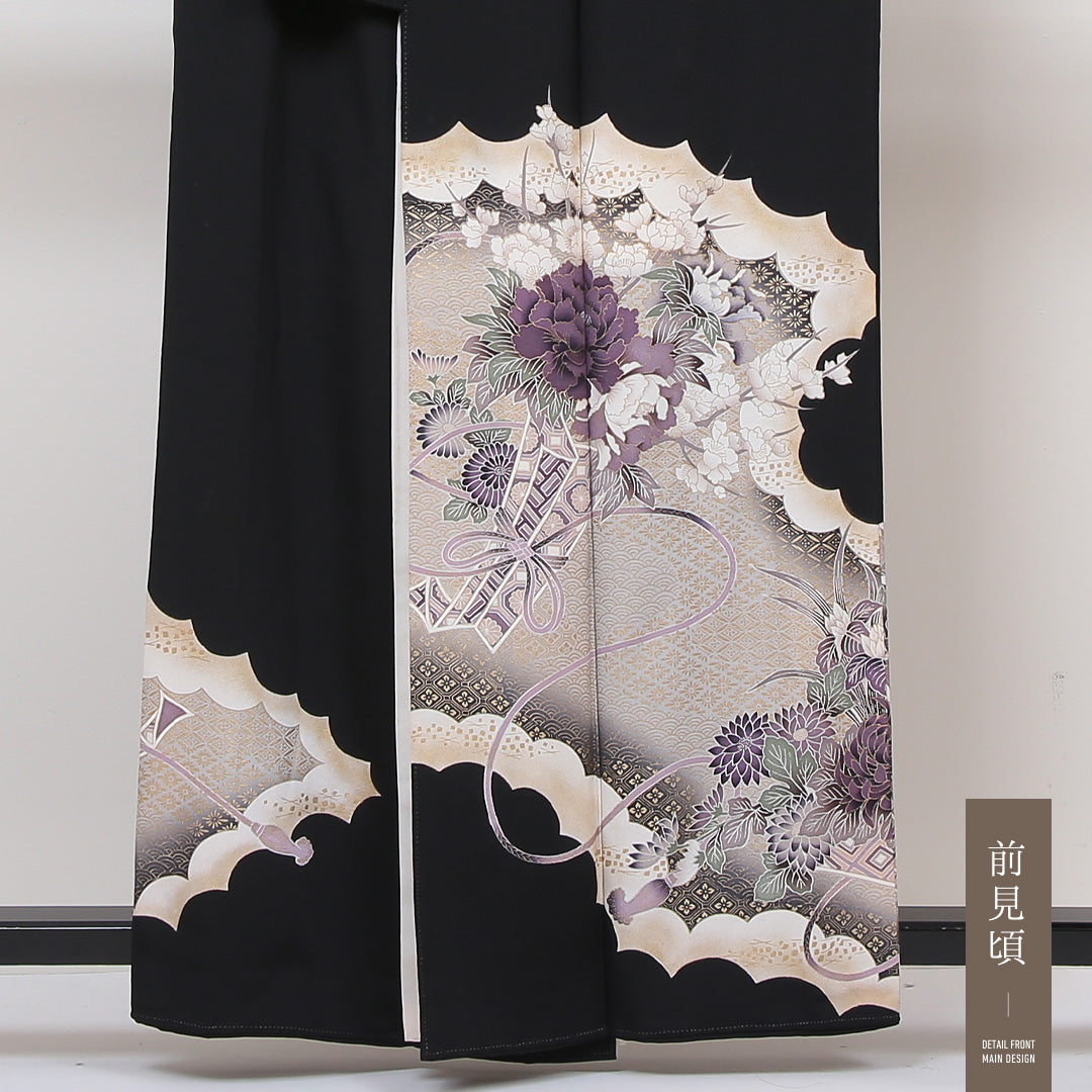 黒留袖 五つ紋 根笹 身丈160cm 裄丈64cm Aランク 正絹 袷 広衿 L 熨斗 牡丹 フォーマル 黒系 1211-F0165