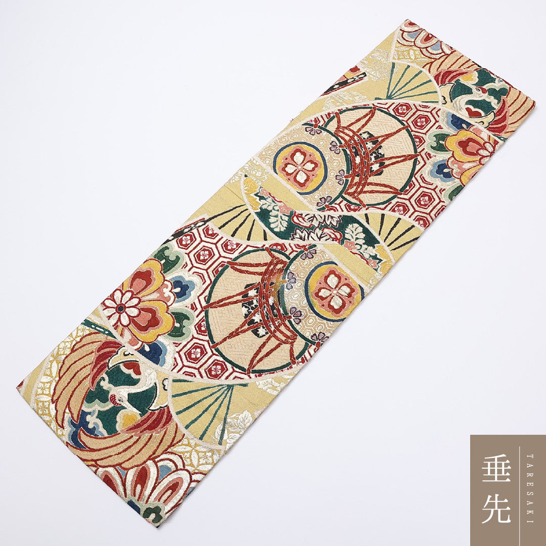 アンティーク 九寸 名古屋帯 帯丈96cm 作り帯 全通 Aランク カジュアル 正絹 宝相華 桐 金系 1224-01406