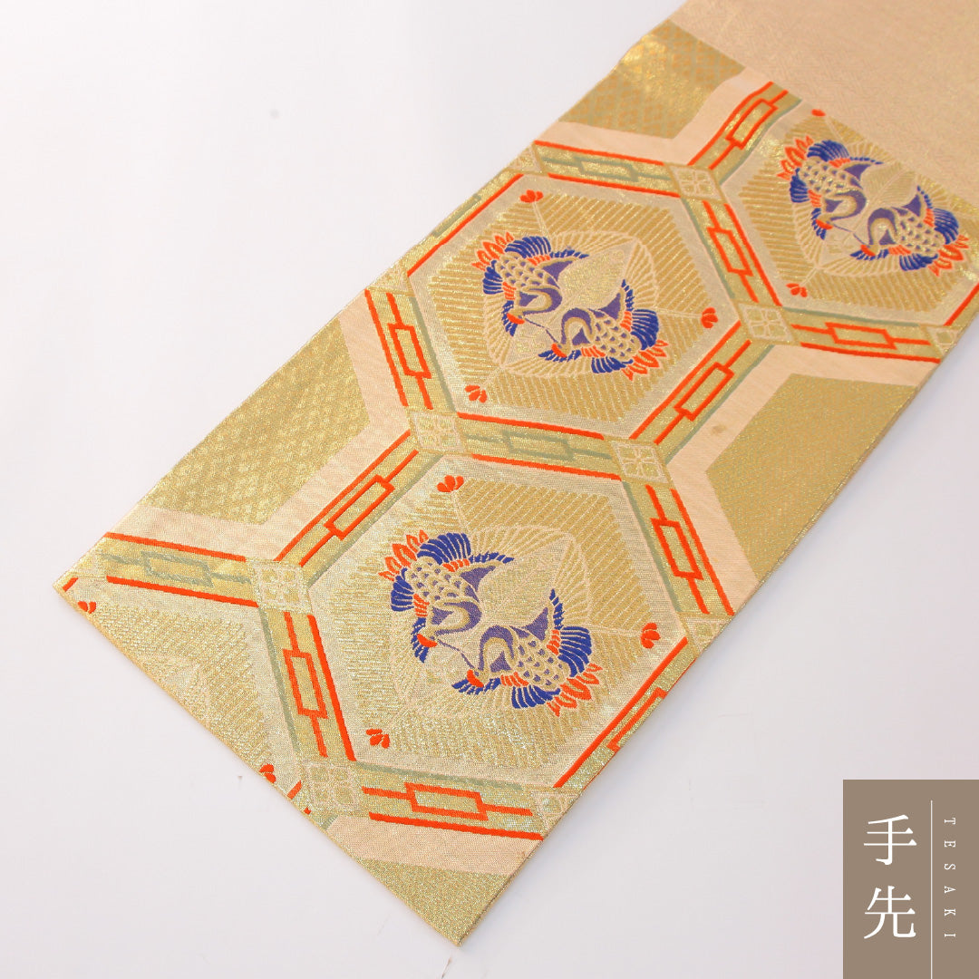 袋帯 帯丈442cm フォーマル 六通 Aランク 正絹 向かい鳥 鶴 金系 1223-02299