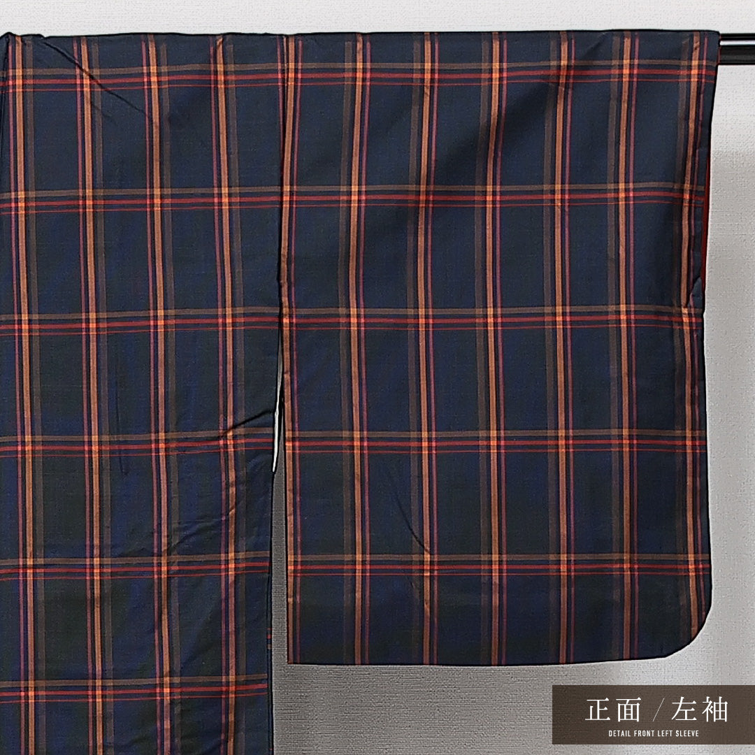 アンサンブル 大島紬 袷 身丈164cm 裄丈64cm 正絹 Aランク インフォーマル バチ衿 Lサイズ 紐あり 格子 紺系 RP 1223-14464