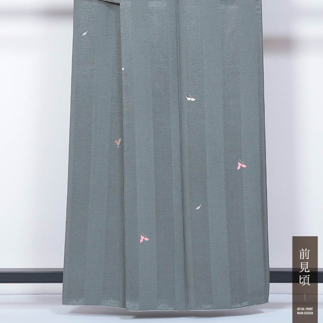 小紋 袷 身丈160cm 裄丈62cm 正絹 Sランク インフォーマル 広衿 Lサイズ 刺繍 縞 花柄 緑系 PO 1221-01813