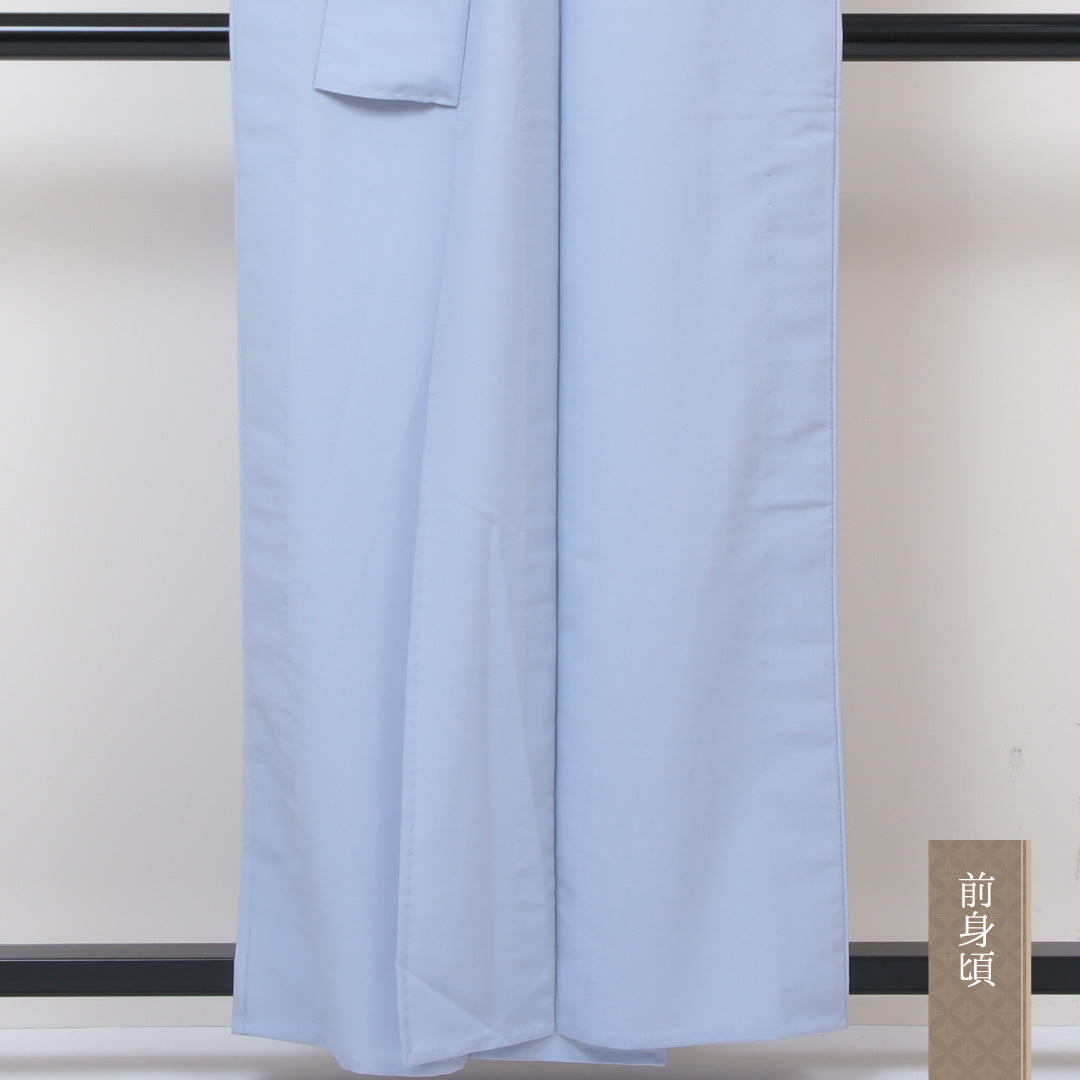 色無地 洗える着物 単衣 身丈157cm 裄丈66cm ポリエステル Aランク Mサイズ バチ衿 一つ紋（丸に覗き菊） セミフォーマル 肩当て 無地 水色系 1214-05069