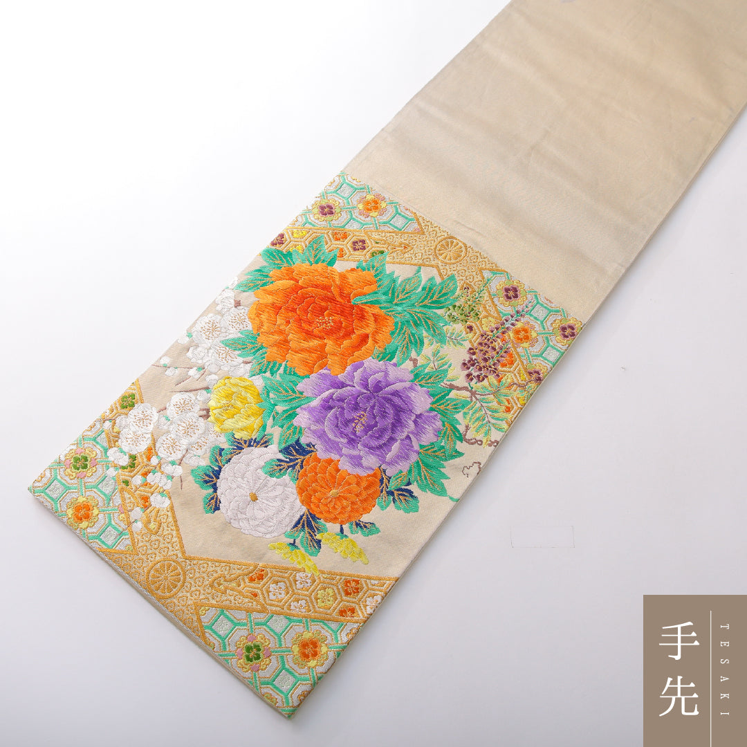 袋帯 帯丈430cm フォーマル 六通 Cランク 正絹 唐織 蜀江 牡丹 クリーム系 1223-02161