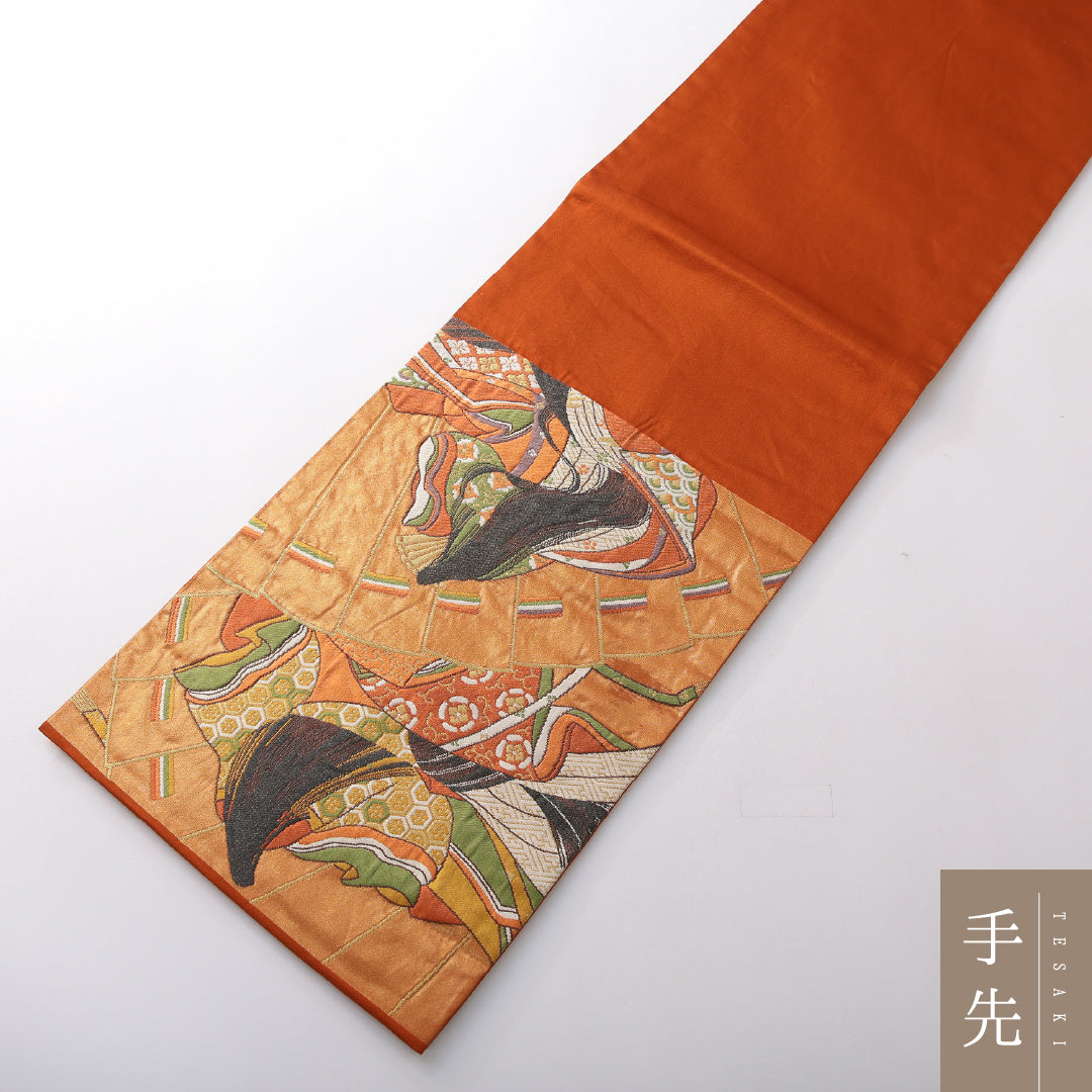 袋帯 帯丈444cm フォーマル 六通 Aランク 正絹 平安絵巻 朱系 1223-02155