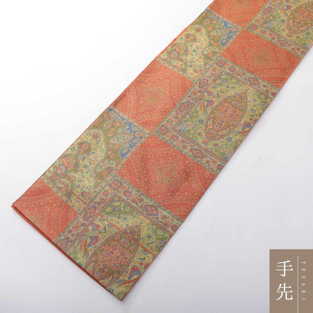 袋帯 帯丈432cm インフォーマル 全通 帯芯なし Aランク 正絹 ペイズリー柄 緑系 朱系 1223-02169