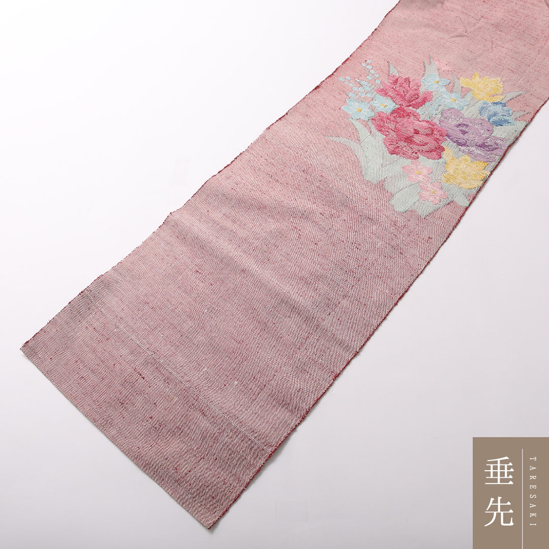 八寸名古屋帯 Aランク 帯丈338cm 正絹 ポイント柄 名古屋仕立て 織り カジュアル 紬 牡丹 蘭 桔梗 ピンク系 LP 1245-03118