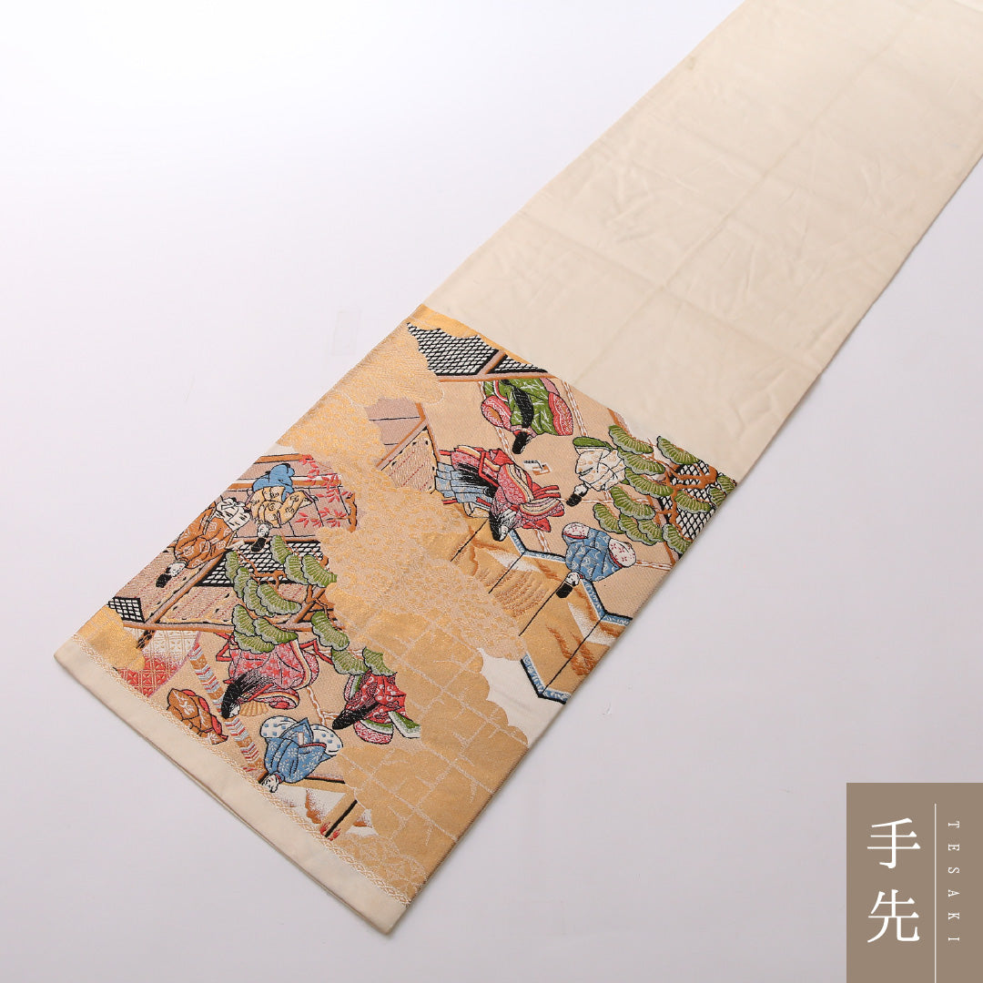 袋帯 帯丈432cm 正絹 六通 フォーマル 源氏物語 平安絵巻 ベージュ系 金系 1243-01636
