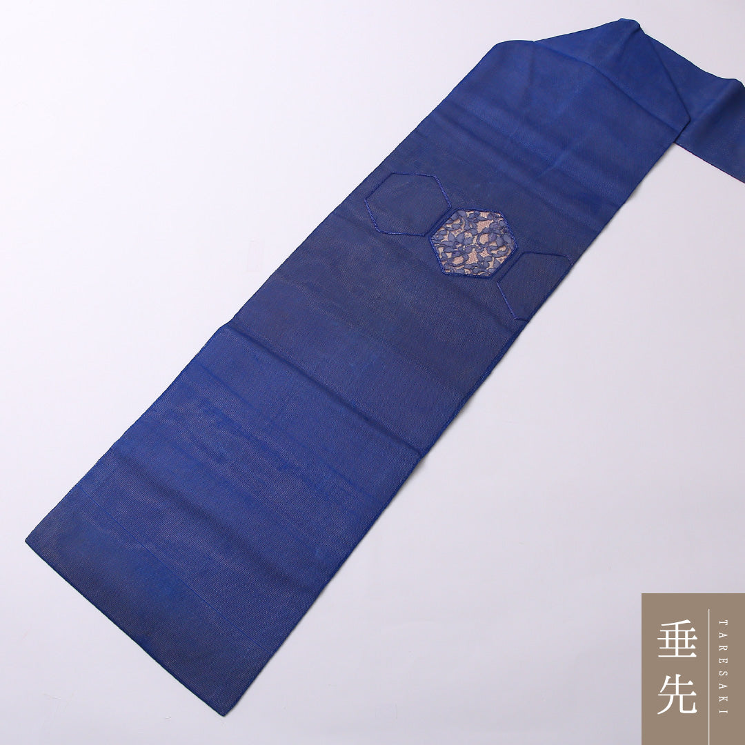 夏物 九寸 名古屋帯 帯丈341cm 名古屋仕立て ポイント柄 Cランク カジュアル 正絹 紗 もじり織 亀甲 芸術的 可愛らしい 青系 1224-02753