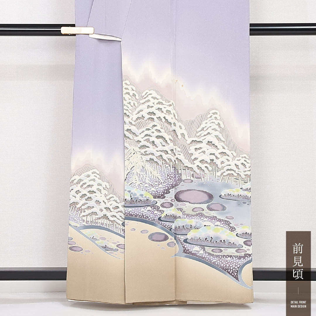 色留袖 三つ紋 丸に木瓜 加賀友禅作家 村田雪司 身丈158cm 裄丈66cm Bランク 正絹 広衿 M 落款 雪の兼六園 セミフォーマル 独創的 格調高い 紫系 1211-F0534