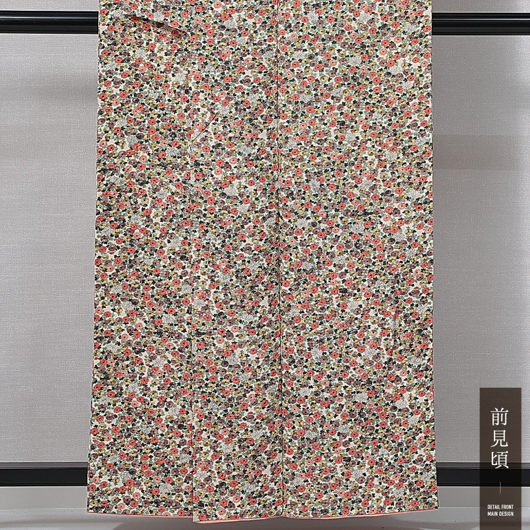 小紋 袷 身丈156cm 裄丈63cm 正絹 Aランク Mサイズ 広衿 インフォーマル 菊 クリーム系 1215-14997