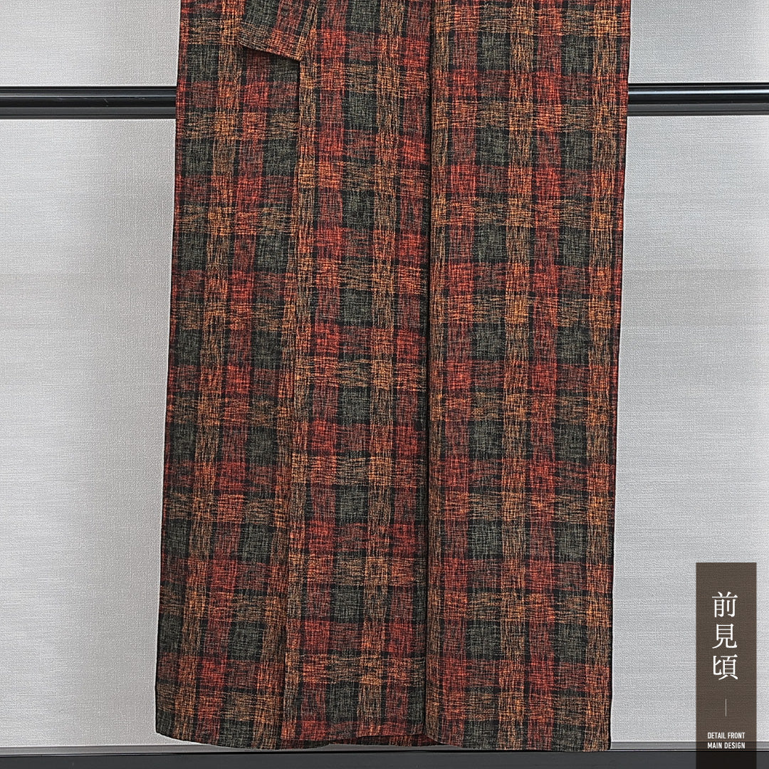 洗える着物 ウールの紬 単衣 身丈145cm 裄丈64cm ウール Aランク カジュアル バチ衿 XSサイズ 居敷当て 肩当て 格子 多色系 HP 1223-14781