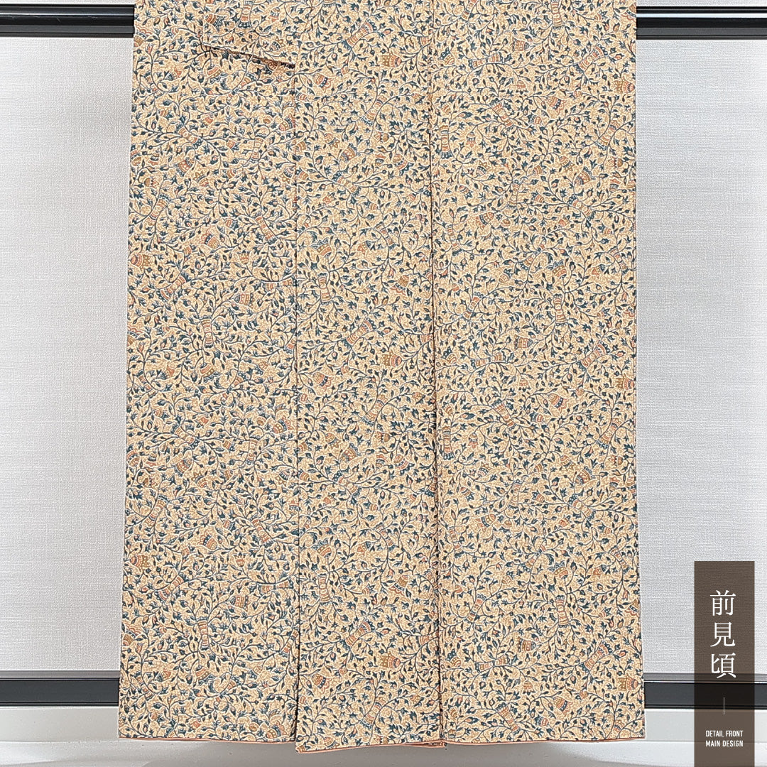 小紋 袷 身丈157cm 裄丈64cm 正絹 Sランク インフォーマル 広衿 Mサイズ 唐草 植物柄 ベージュ系 RP 1221-14865