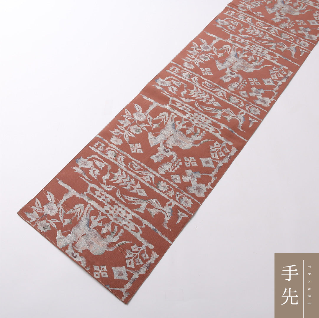 八寸名古屋帯 Aランク 帯丈344cm 正絹 六通 開き仕立て 織り カジュアル 騎馬人物 ピンク系 LP 1245-02958