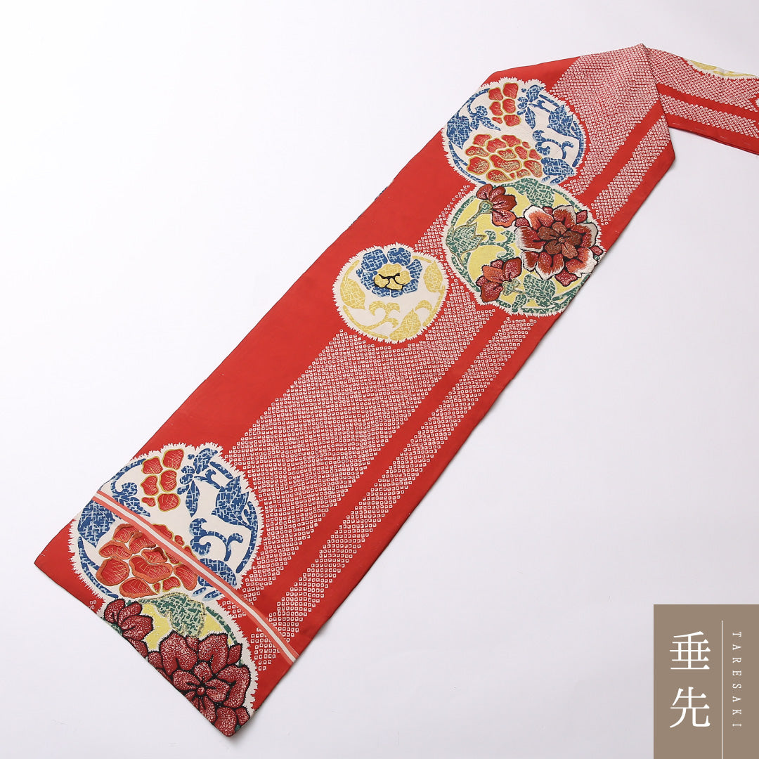 アンティーク 九寸 名古屋帯 帯丈342cm 名古屋仕立て 全通 Aランク カジュアル 正絹 刺繍 花柄 芸術的 存在感 赤系 1224-02737