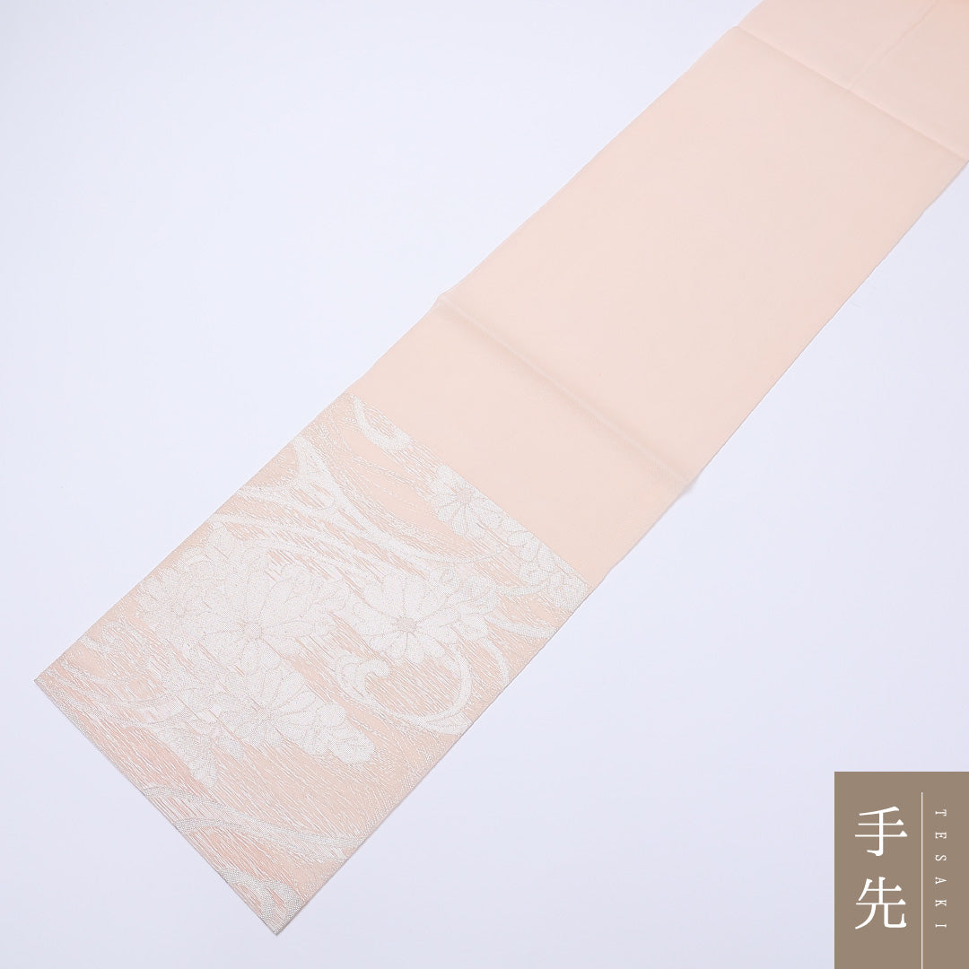 袋帯 夏帯 帯丈432cm 六通 菊 唐草 流水 銀糸 セミフォーマル クリーム系 正絹 Aランク 1223-00925