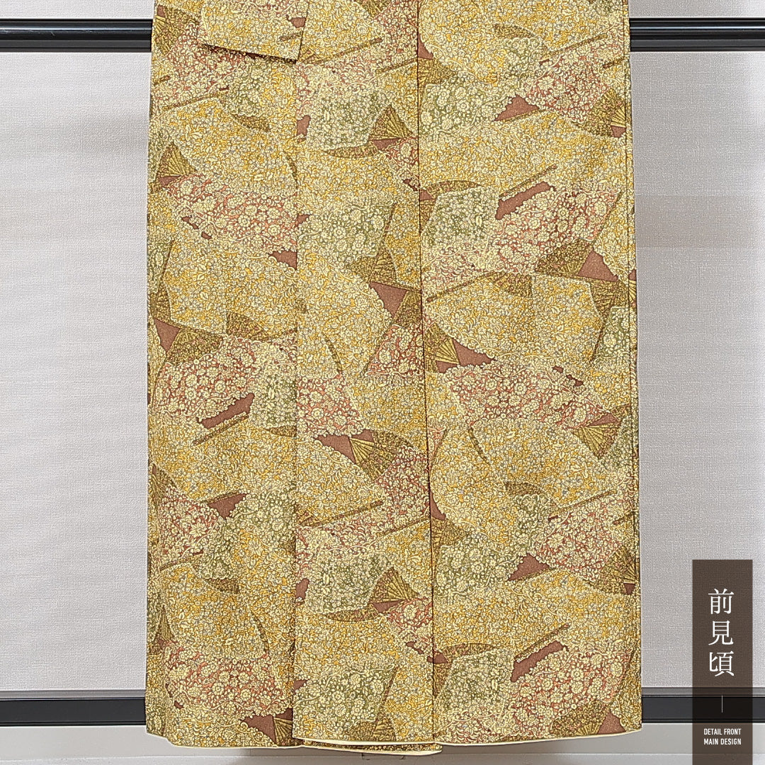 小紋 袷 身丈153cm 裄丈61cm 正絹 Sランク インフォーマル 広衿 Sサイズ 扇 花柄 黄系 RP 1221-14911