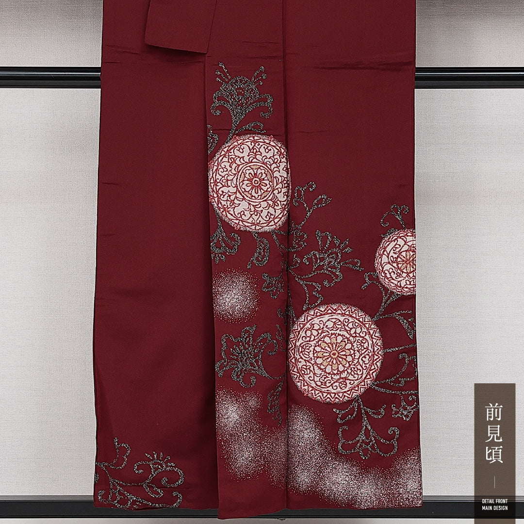 アンティーク 訪問着 袷 身丈149cm 裄丈64cm 正絹 Aランク 一つ紋 (三つ割り五三桐) 広衿 XSサイズ 漆糸 唐華 鏡裏紋 赤系 RP 1217-14222