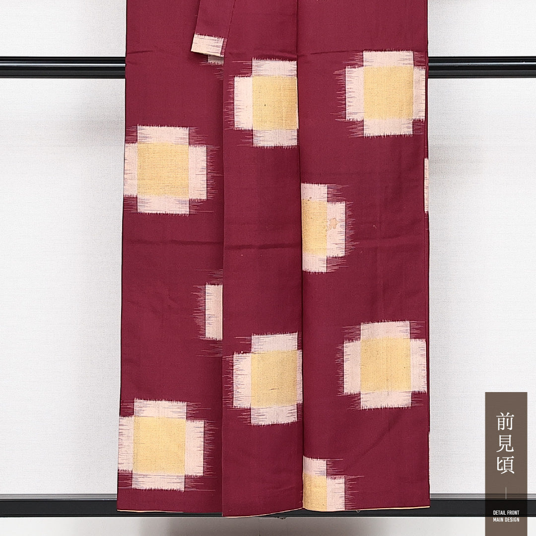 アンティーク お召 袷 身丈152cm 裄丈62cm 正絹 Cランク バチ衿 Sサイズ 十字絣 赤系 RP 1222-14133