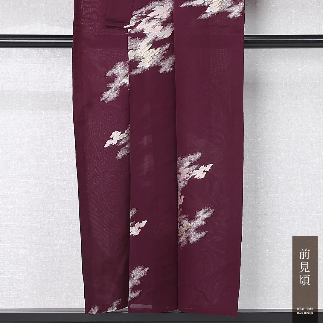 夏物 お召 紗 身丈150cm 裄丈62cm 正絹 Aランク インフォーマル バチ衿 Sサイズ 創作柄 紫系 RP 1222-12407