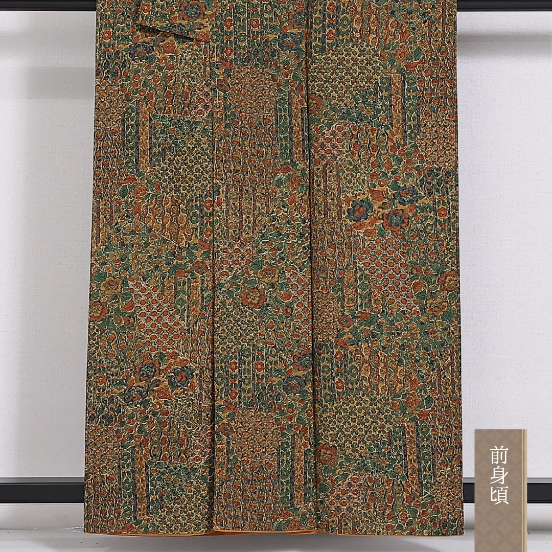 小紋 袷 身丈156cm 裄64cm 正絹 緑系 茶系 Sランク 1215-02480