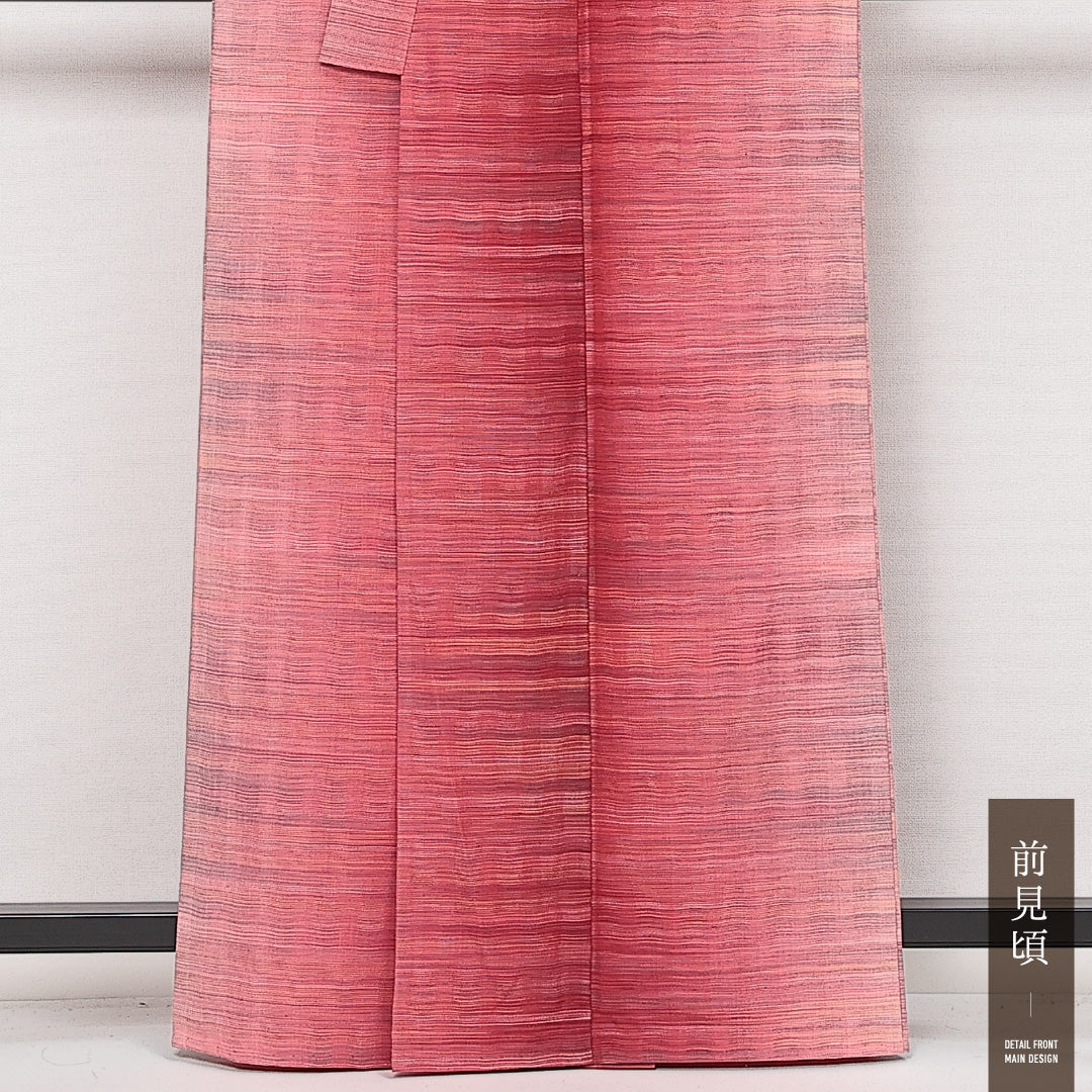 洗える着物 ウールの紬 単衣 身丈162cm 裄丈64cm ウール Sランク カジュアル バチ衿 Lサイズ 縞 赤系 RP 1223-13972