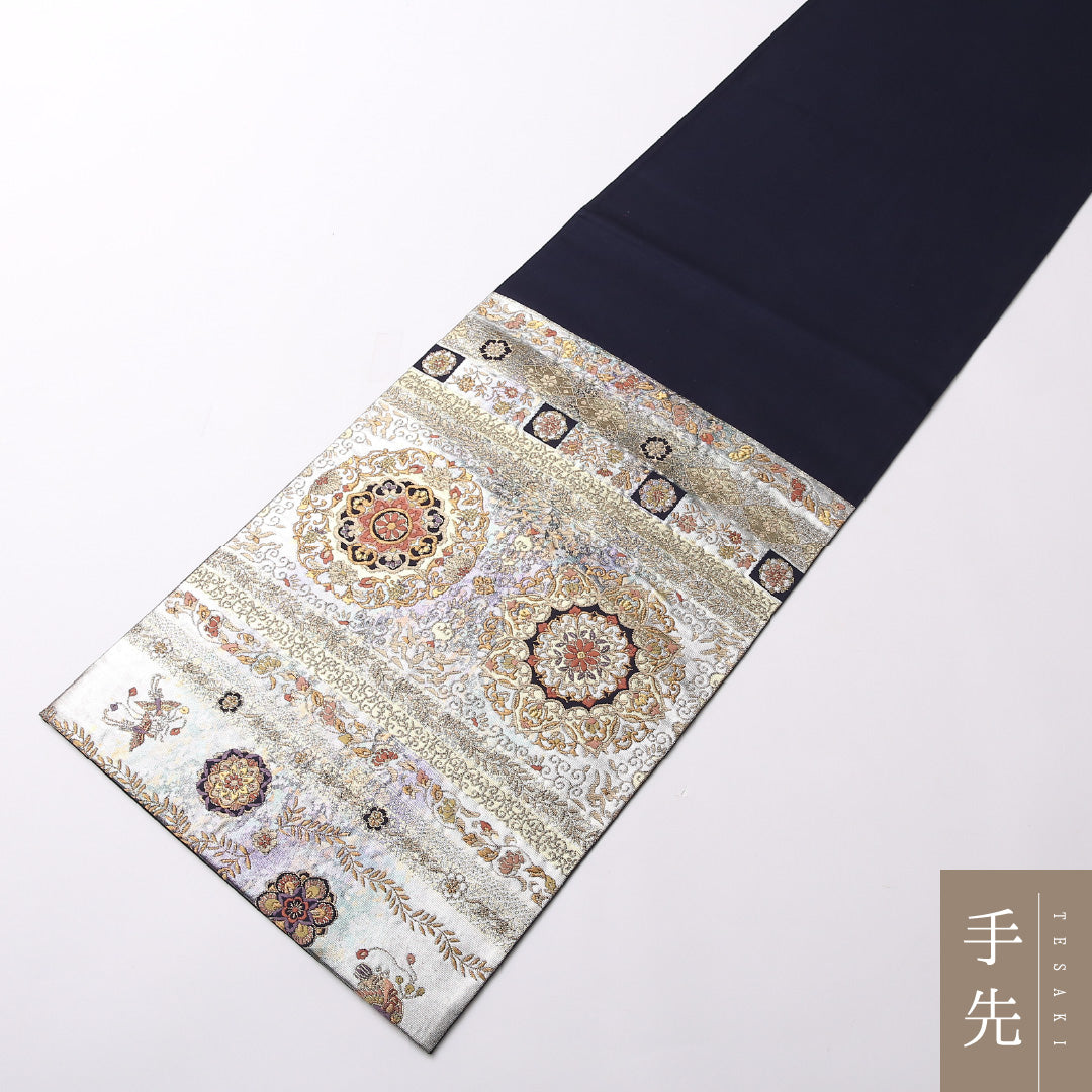 袋帯 帯丈436cm 正絹 六通 横取草華文 フォーマル 宝相華 銀系 1243-01619