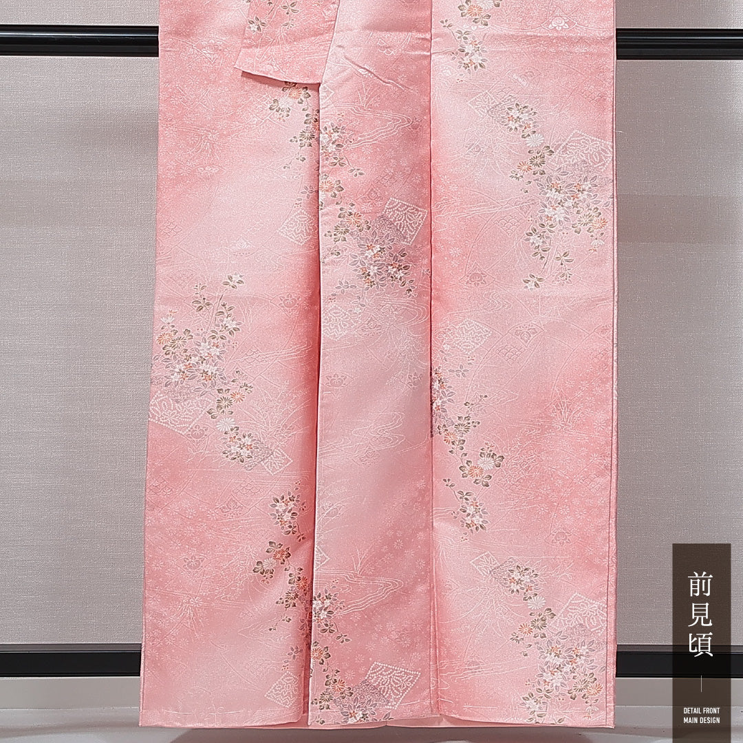 小紋 洗える着物 袷 身丈158cm 裄丈63cm ポリエステル Sランク Mサイズ 広衿 インフォーマル 流水 花柄 ピンク系 1215-15006