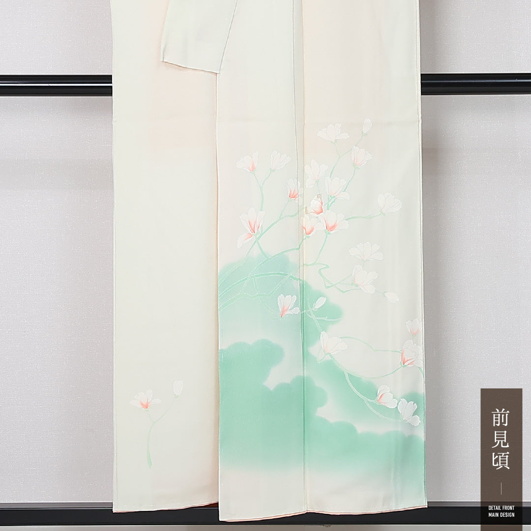 訪問着 袷 身丈150cm 裄丈63cm 正絹 Sランク セミフォーマル 広衿 Sサイズ 刺繍 花柄 白系 RP 1217-12497
