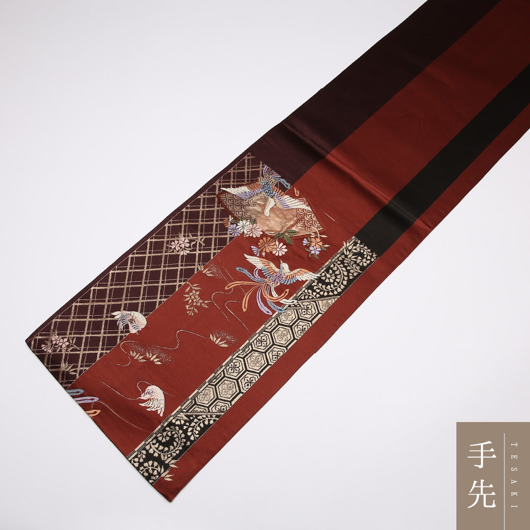 袋帯 帯丈426cm 正絹 六通 フォーマル 尾長鳥 花扇 赤系 1243-01044