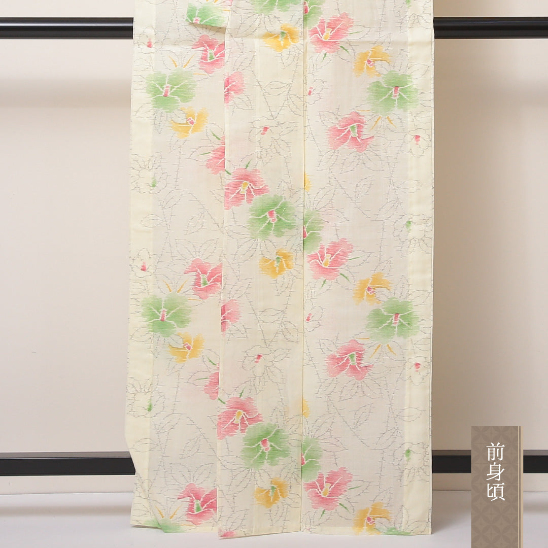 麻の紬 夏物 洗える着物 夏物 身丈163cm 裄丈66cm 麻 Sランク Lサイズ バチ衿 カジュアル 椿 クリーム系 白系 1216-03478
