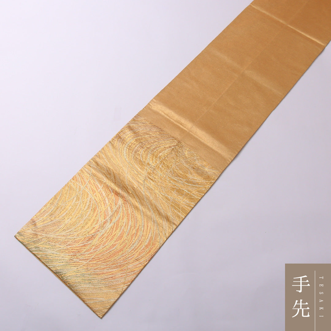 袋帯 帯丈444cm ポリエステル 六通 セミフォーマル 創作柄 金系 黄系 1243-01563
