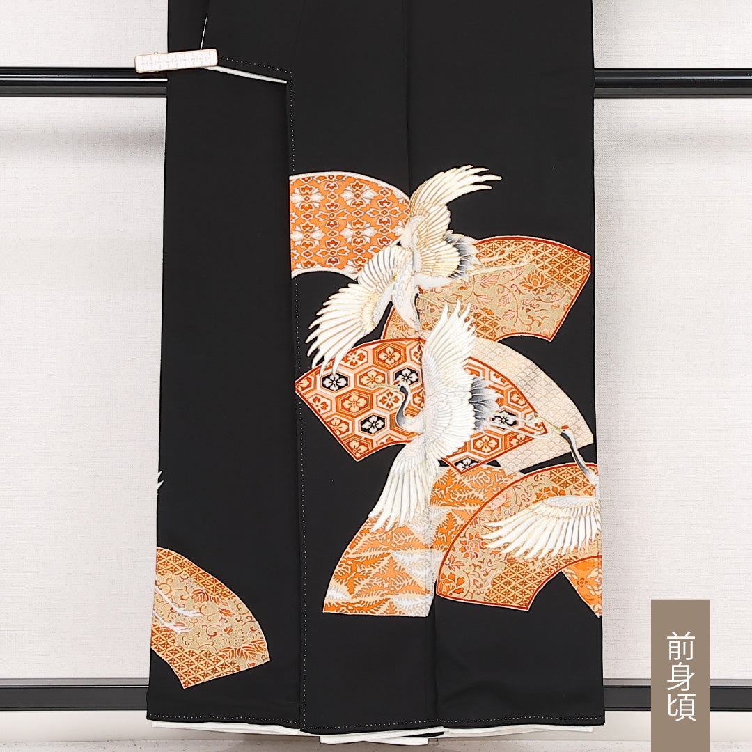 黒留袖 五つ紋 五三桐 身丈154cm 裄丈64.5cm Aランク 正絹 袷 比翼 広衿 S 鶴 吉祥文様 フォーマル 古典的 華やか 黒系 1211-F0580