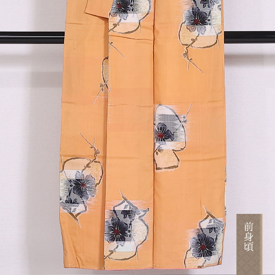 銘仙 紬 袷 身丈145cm 裄60cm 正絹 ボタニカル 朱系 しつけ糸 Cランク 1216-01486