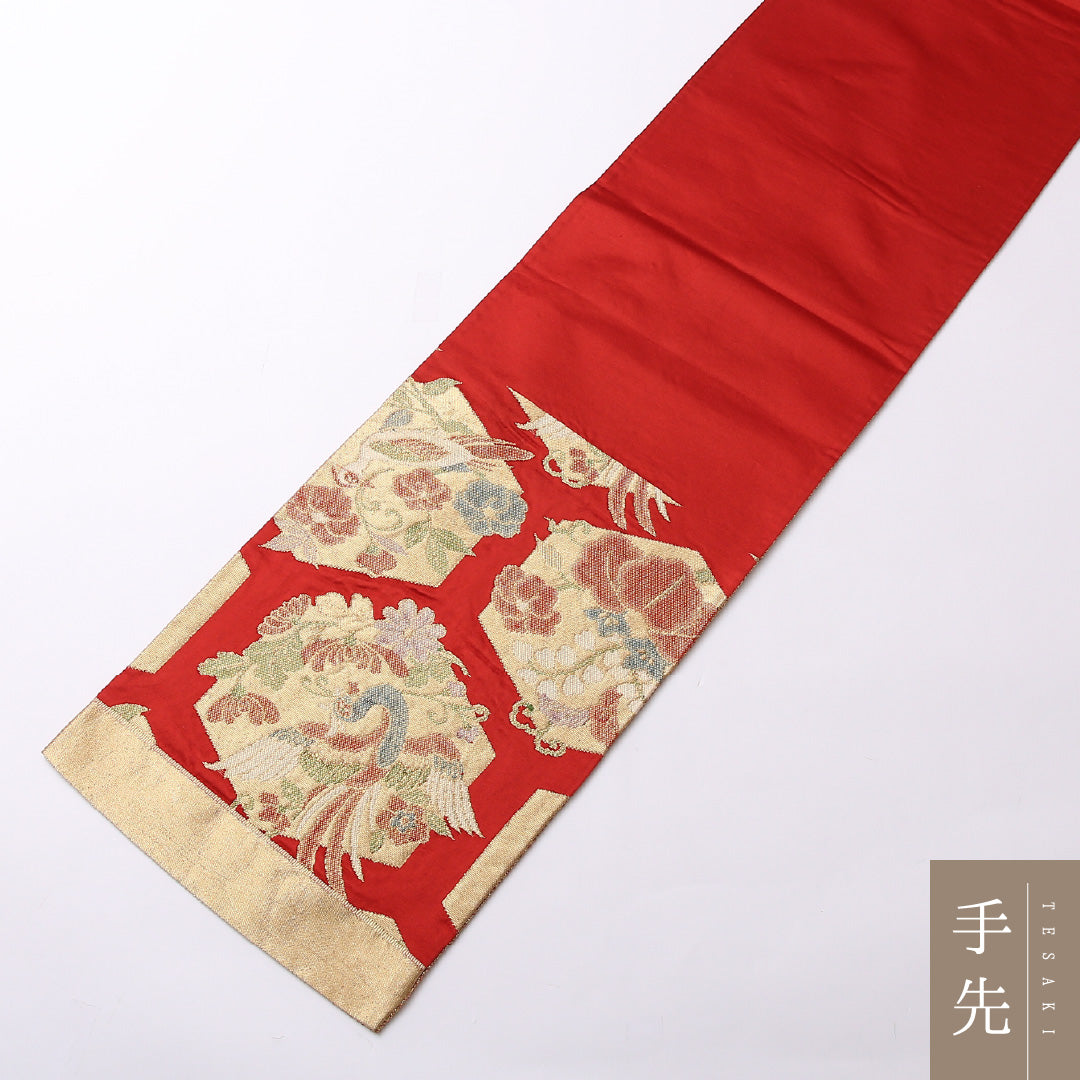 アンティーク 袋帯 帯丈414cm 六通 Aランク 正絹 花喰鳥 亀甲 古典的 重厚感 金系 1223-01530