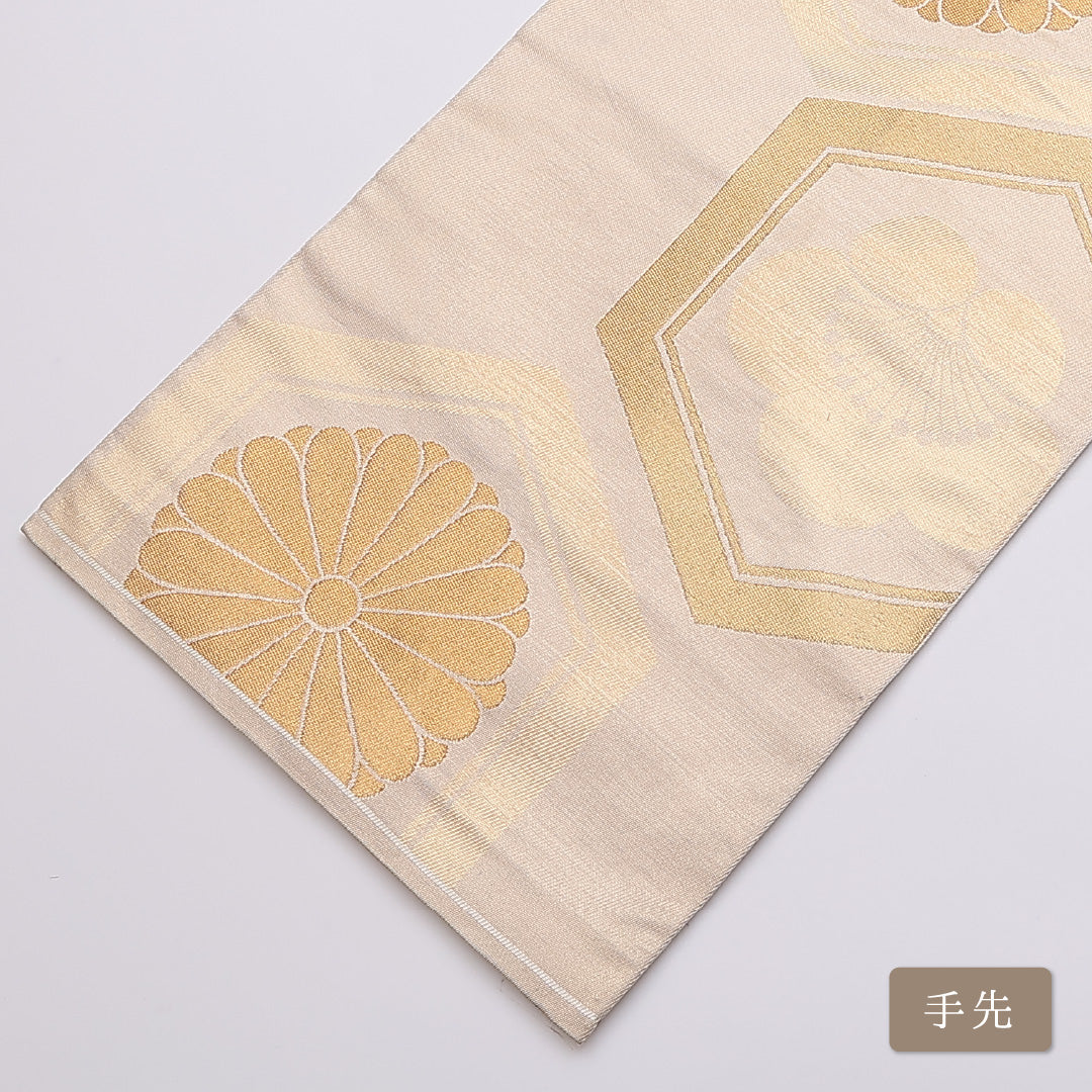 袋帯 帯丈440cm 六通 御所菊 梅 亀甲 金系 フォーマル クリーム系 正絹 Aランク 1223-00851