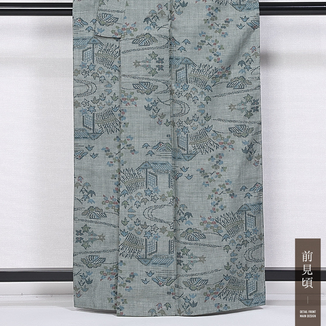 大島紬 袷 身丈162cm 裄丈64cm 正絹 Sランク インフォーマル バチ衿 Lサイズ 茶屋辻 緑系 RP 1223-11244