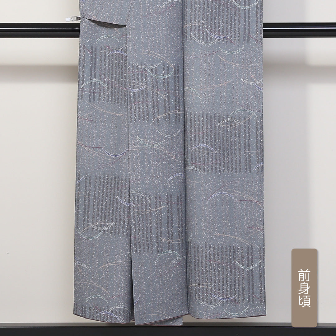 洗える着物 小紋 袷 身丈148cm 裄丈62cm ポリエステル Sランク インフォーマル 広衿 XSサイズ 芝草 松葉 グレー系 RP 1221-01719
