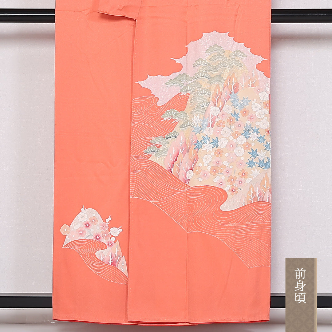 訪問着 袷 身丈157cm 裄丈65cm 正絹 Aランク セミフォーマル 広衿 Mサイズ 加賀友禅 落款 流水 笠松 朱系 HP 1217-04735