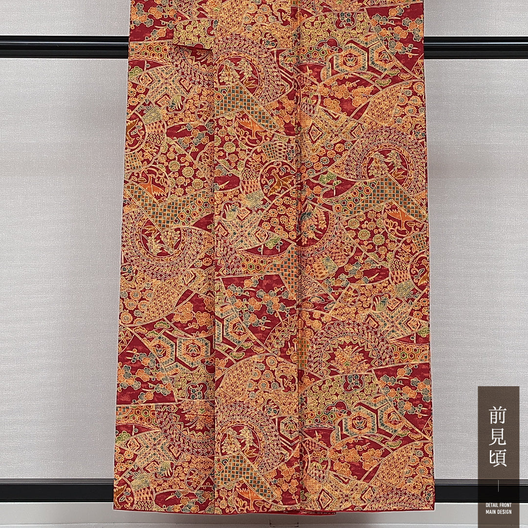 小紋 袷 身丈154cm 裄丈61cm 正絹 Sランク インフォーマル バチ衿 Sサイズ 鏡裏文 茶系 RP 1221-14370
