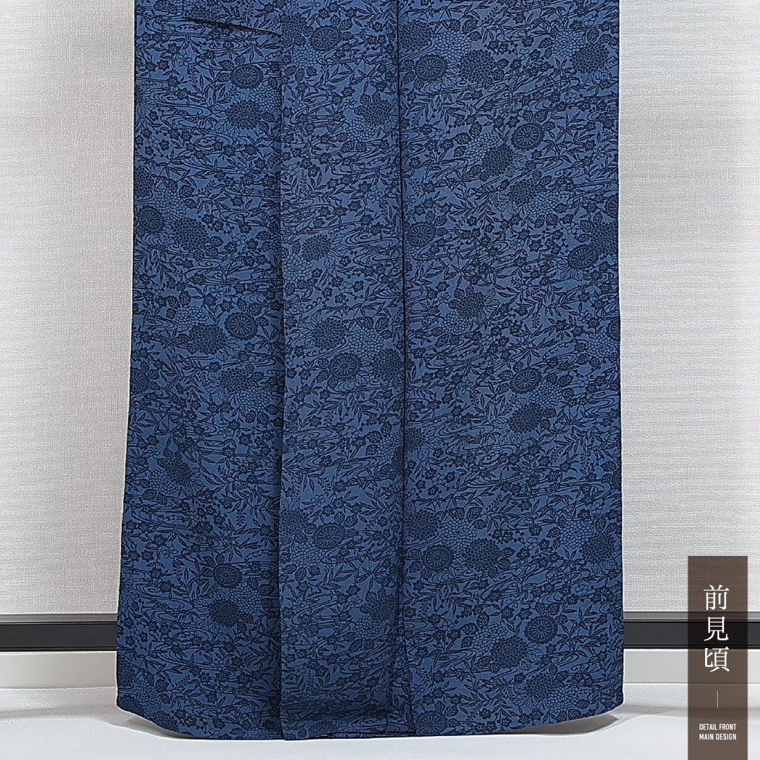 小紋 洗える着物 単衣 身丈160cm 裄丈64cm ポリエステル Cランク Lサイズ 広衿 インフォーマル 古典柄 青系 1215-14803