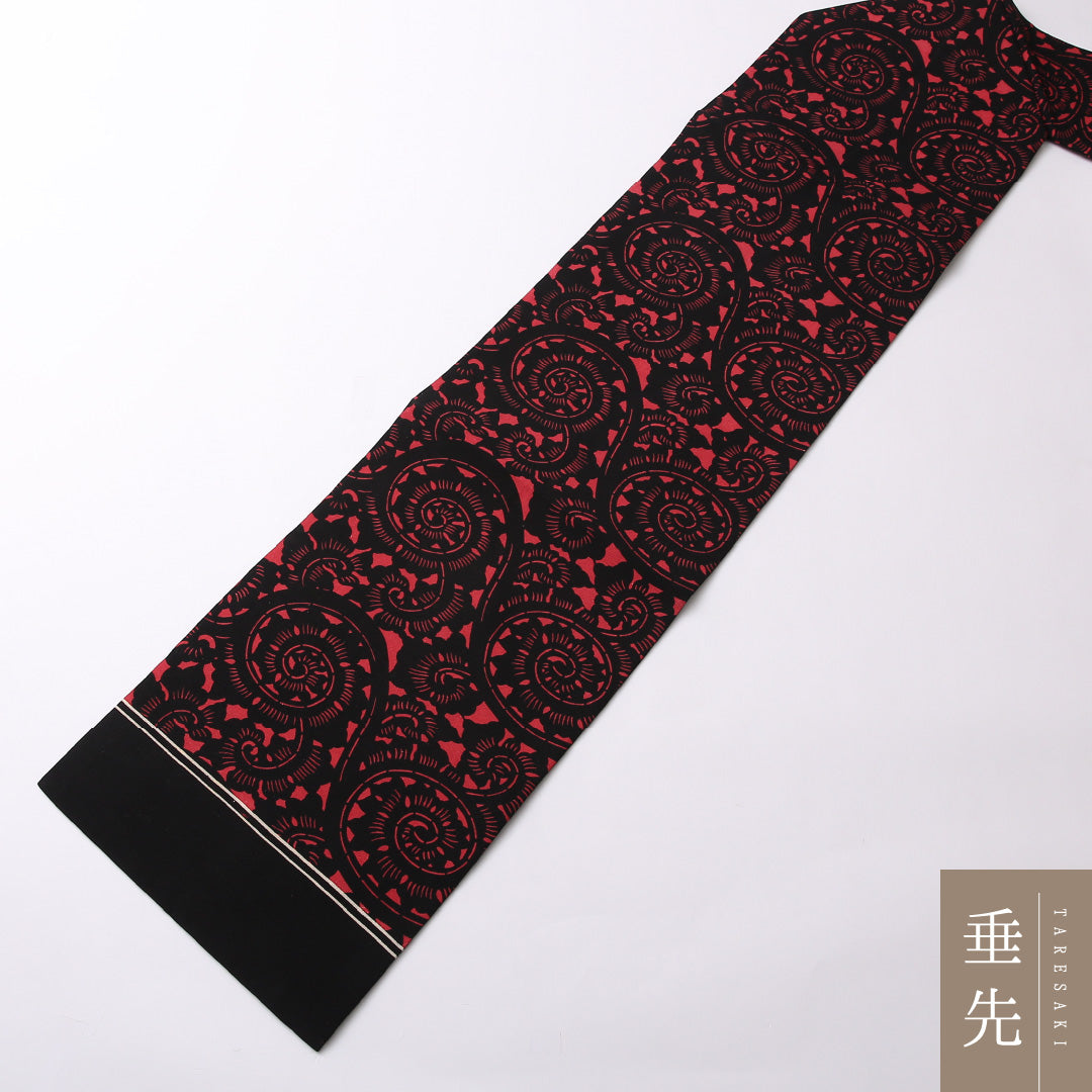 未使用品 九寸名古屋帯 Nランク 帯丈310cm 正絹 六通 名古屋仕立て 染め カジュアル 塩瀬 アラベスク文様 黒系 RP 1245-02729